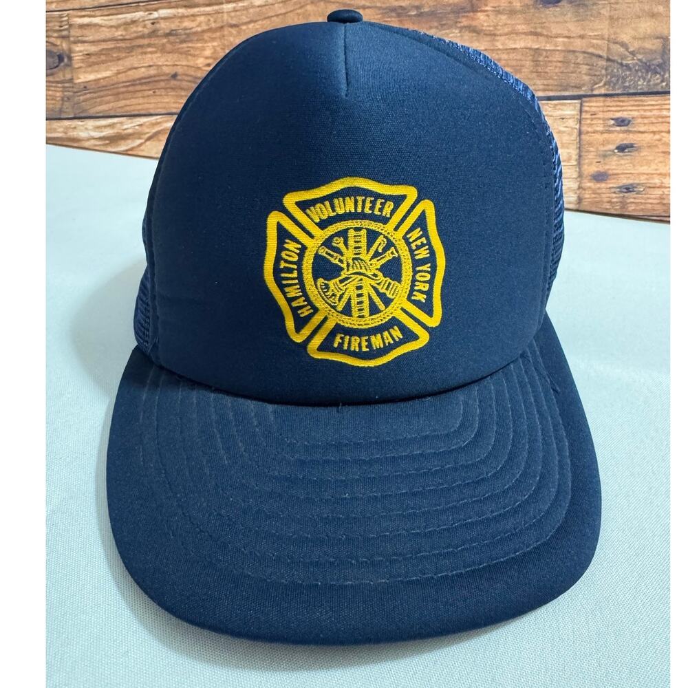 VINTAGE HAMILTON VOLUNTEER FIREMAN HAT — NY Blue Snapback Trucker Mesh Cap